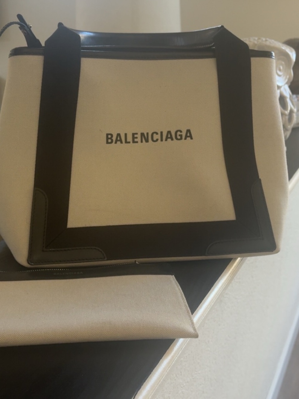 Balenciaga Cream Canvas Tote with Black Trim